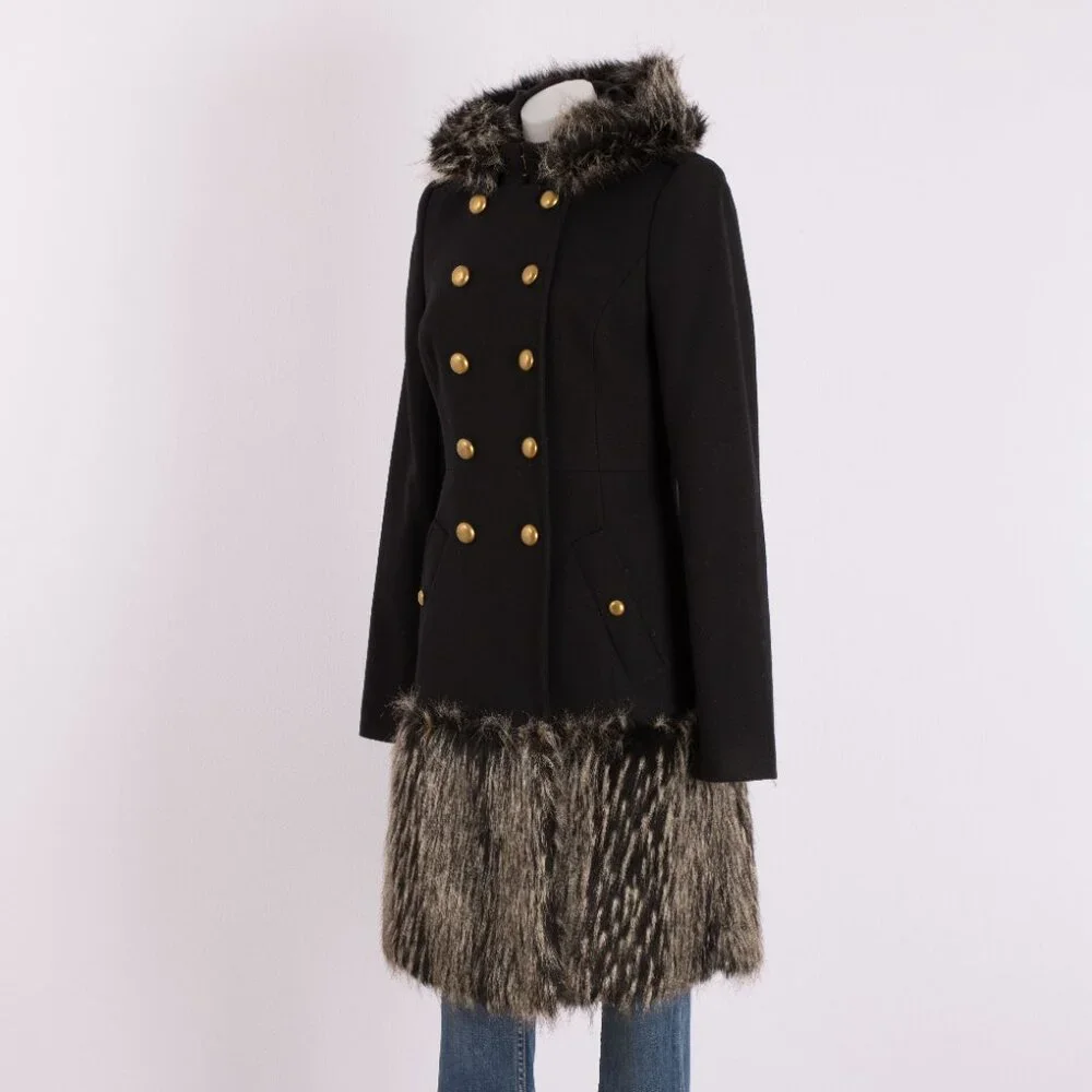 Rachel Zoe Black Wool Military Coat with Faux Fur Trim Size US 8 - Picture 2 of 11